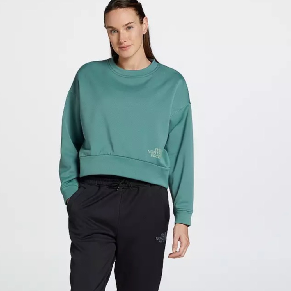 NORTH FACE HORIZON PERFORMANCE FLEECE SAGE GREEN CROPPED CREWNECK SWEATSHIRT - Picture 12 of 12